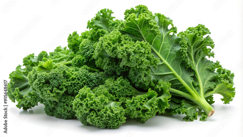 Fresh and vibrant kale leaves displayed on a clean white background, showcasing their rich green color and curly edges. Fresh and vibrant kale leaves displayed on a clean white background, showcasing their rich green color and curly edges.