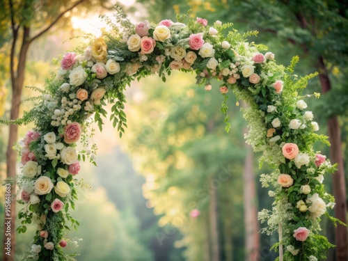 Delicate pastel-hued flowers and lush greenery entwined on a stunning floral arc, creating a whimsical and romantic backdrop for a fairytale wedding celebration. photo