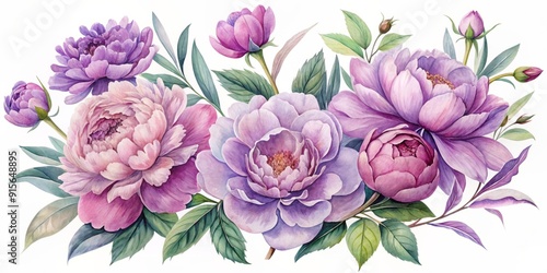 Delicate, whimsical watercolor depiction of peonies in soft purple, pink, and lavender hues, hand-drawn with intricate detail, isolated on a transparent background as PNG.