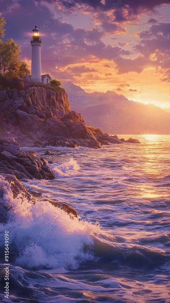 Serene coastal scene at dusk with lighthouse on rocky cliff, waves crashing, purple and orange sunset sky, warm glow Serene coastal scene at dusk with lighthouse on rocky cliff, waves crashing, purple and orange sunset sky, warm glow