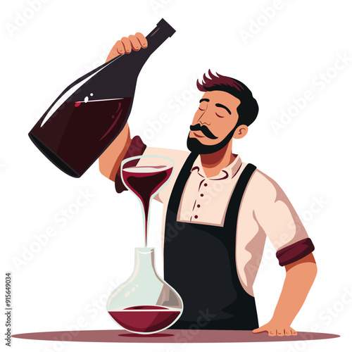 Decanting wine. Bartender pours wine from a bottle into a decanter, decanting drinks, service industry, restaurant business, glass vessel cartoon. Vector illustration