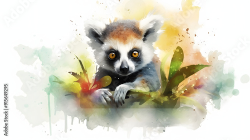 Lemur In nature Watercolor Style