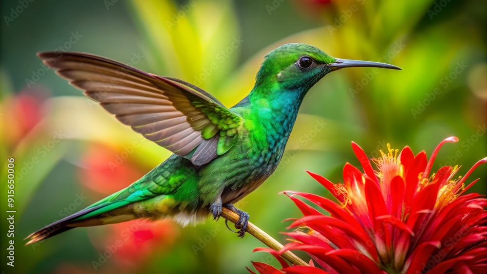 Obraz premium Vibrant green hummingbird with iridescent feathers perched on a delicate red flower, its beak extended to gather nectar, surrounded by lush tropical foliage.