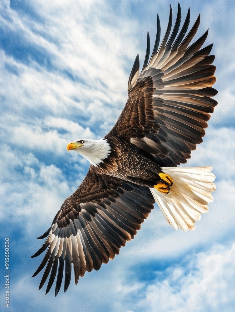 Obraz premium A bald eagle soaring through a cloudy blue sky