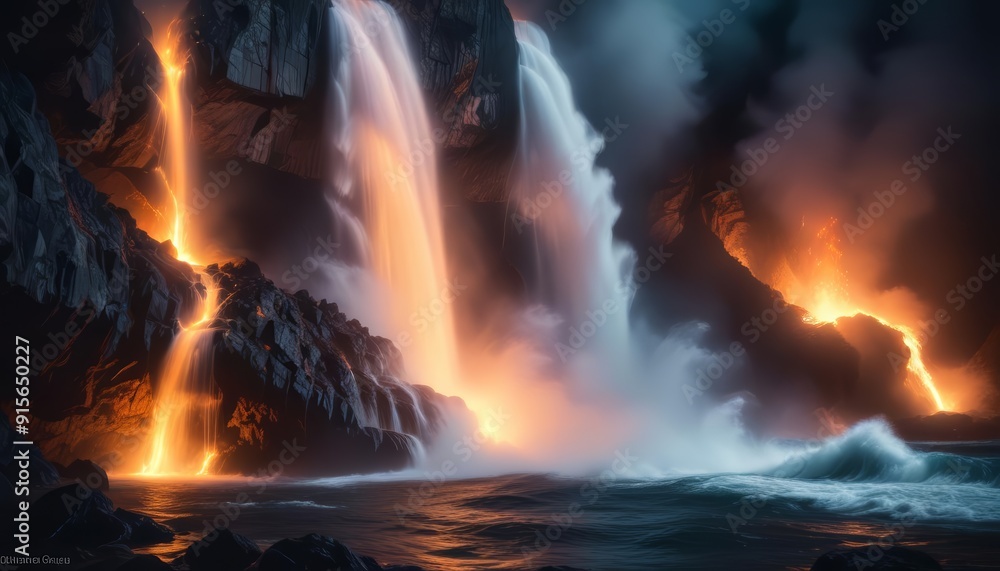 A powerful explosion at a waterfall, combining the natural beauty of cascading water with intense fire and billowing smoke A powerful explosion at a waterfall, combining the natural beauty of cascading water with intense fire and billowing smoke