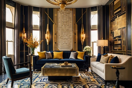 Hotel interior, art deco living room with geometric patterns and gold accents