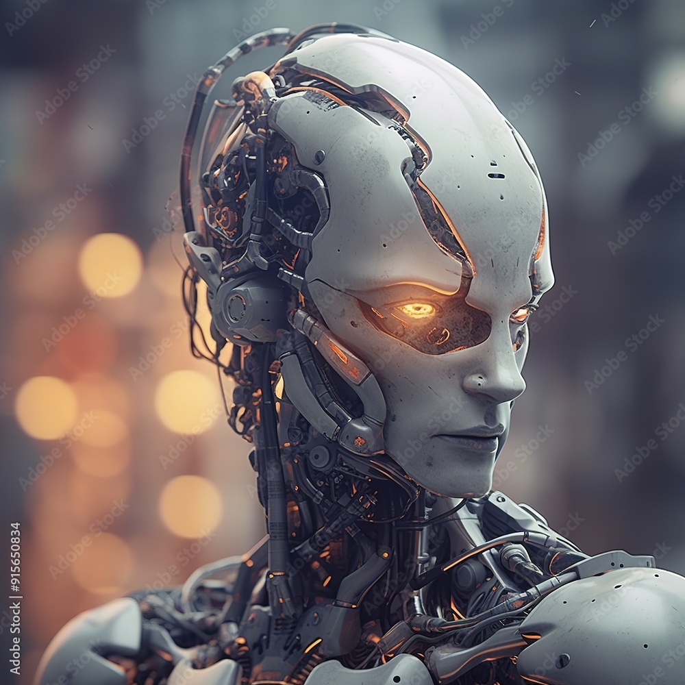 Close-up of a futuristic android with glowing eyes.