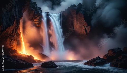 A powerful explosion at a waterfall, combining the natural beauty of cascading water with intense fire and billowing smoke