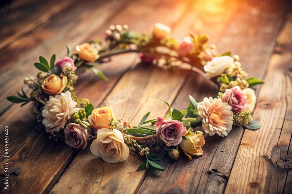 Delicate flower petals gently entwined in a crown shape rest upon a vintage wooden table, softly lit, evoking a sense of whimsical innocence. Delicate flower petals gently entwined in a crown shape rest upon a vintage wooden table, softly lit, evoking a sense of whimsical innocence.