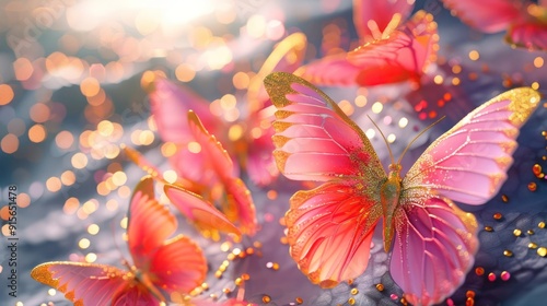 Glamorous 3D Abstract Environment Featuring Bright Pink and Coral Butterflies, Accented with Lustrous Gold