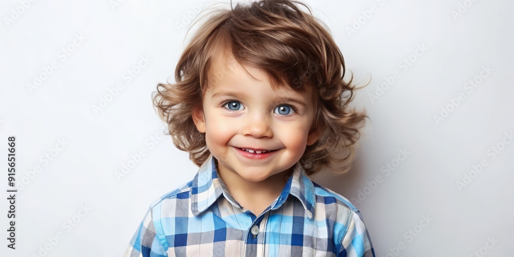 Adorable little boy with messy brown hair and bright blue eyes stands confidently against a pure white background, showcasing his trendy outfit and big smile. Adorable little boy with messy brown hair and bright blue eyes stands confidently against a pure white background, showcasing his trendy outfit and big smile.