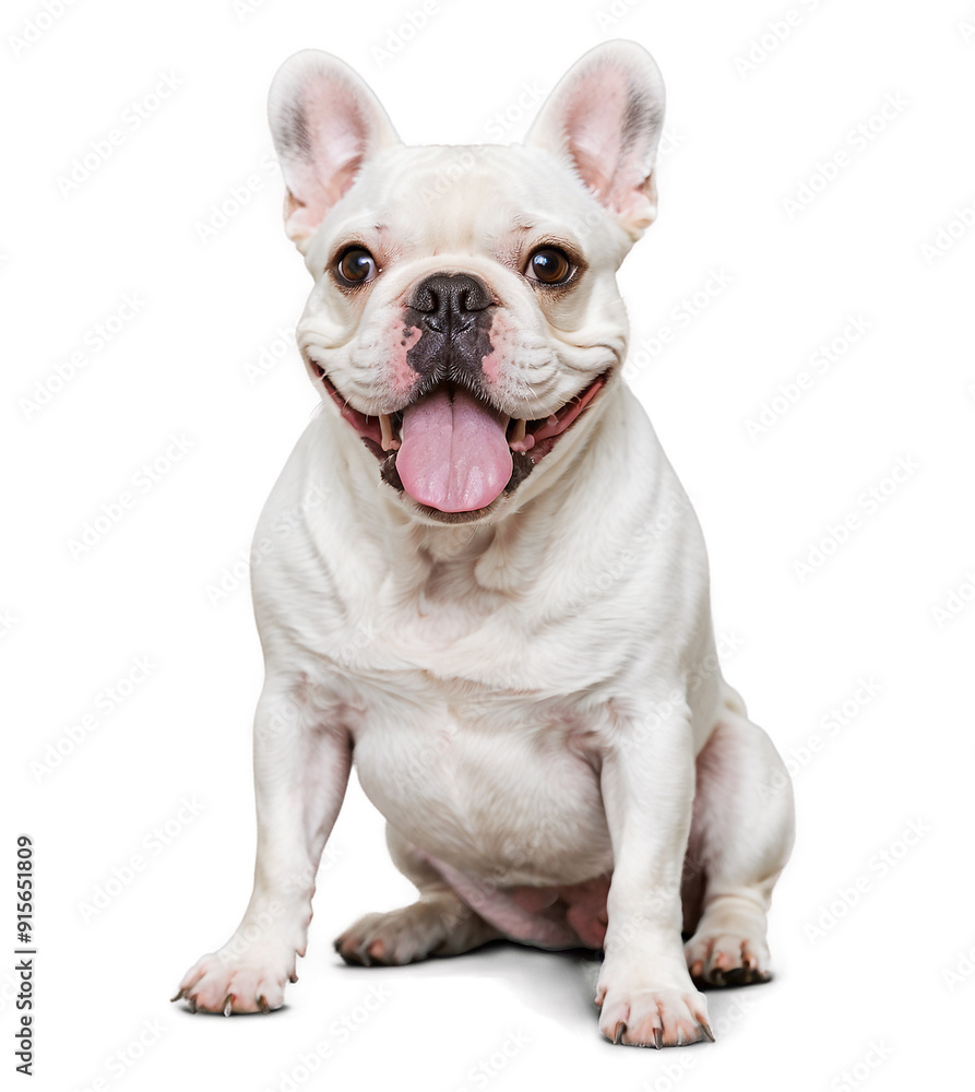 A happy smiling samoyed French Bulldog sitting and looking at the camera, isolated on white background
A happy smiling samoyed French Bulldog sitting and looking at the camera, isolated on white background