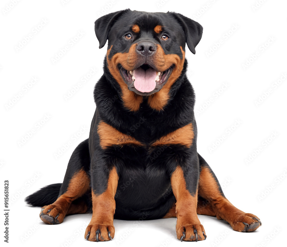 A happy smiling rottweiler sitting and looking at the camera, isolated on a transparent png background A happy smiling rottweiler sitting and looking at the camera, isolated on a transparent png background