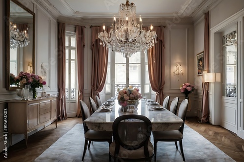 Chic Parisian-style dining room with crystal chandelier and elegant decor, luxury hotel interior