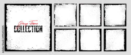 Grunge frame silhouette with overlay watercolor texture, paint brush stroke, torn paper effect and halftone for photo collage and social media business banner. Retro grunge frame pattern or background
