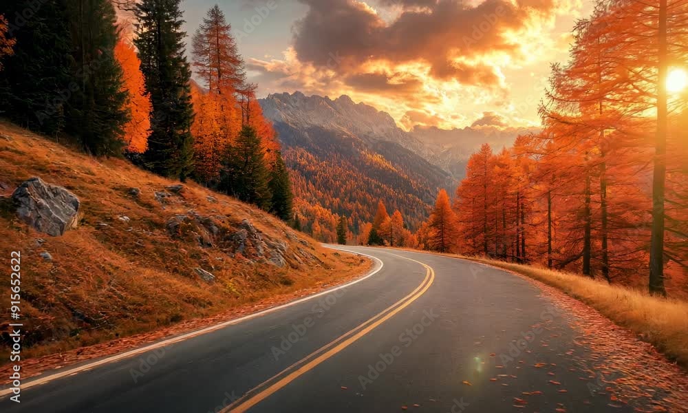 Curved road through forest with vibrant fall foliage and distant mountains under dramatic sky Curved road through forest with vibrant fall foliage and distant mountains under dramatic sky