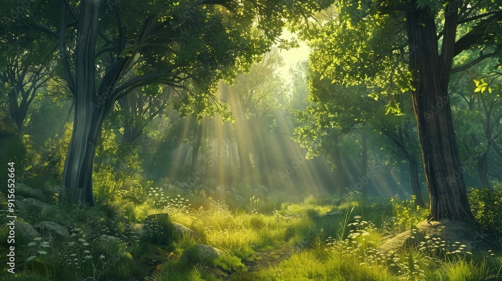 Fototapeta premium peaceful forest scene with sunlight filtering through the trees, serene and natural