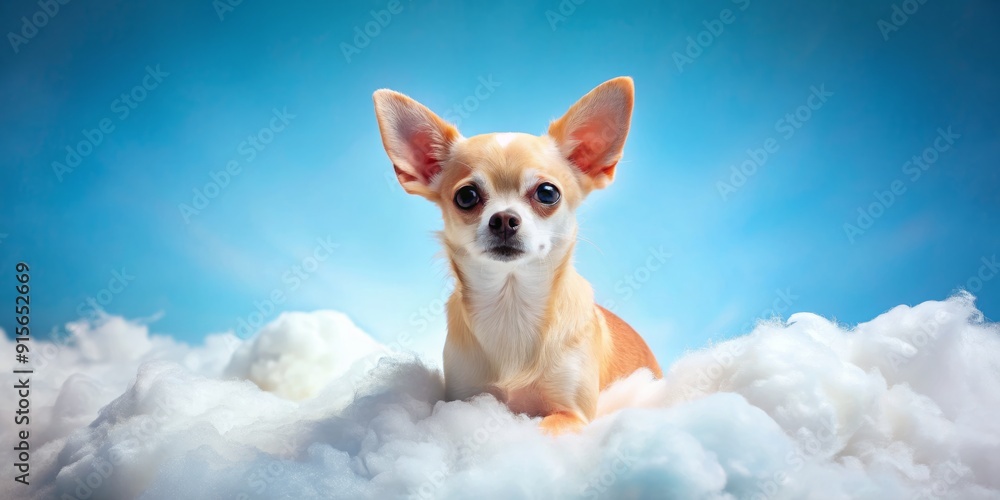 Adorable miniature Chihuahua sits comfortably on a soft, white cloud, surrounded by a brilliant blue sky with a few wispy clouds floating by. Adorable miniature Chihuahua sits comfortably on a soft, white cloud, surrounded by a brilliant blue sky with a few wispy clouds floating by.