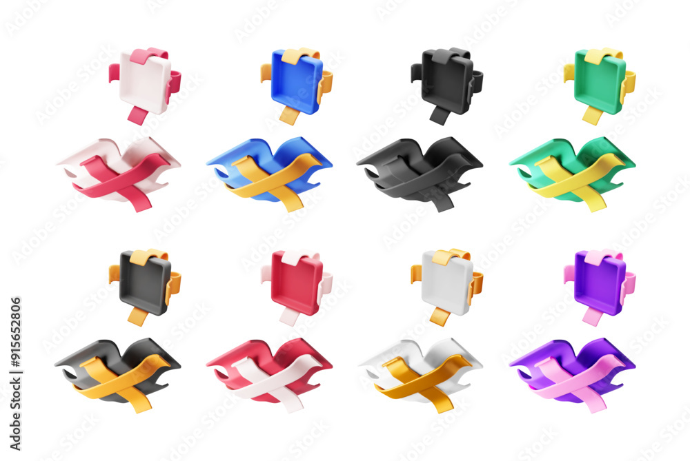 Naklejka premium 3D open gift box set. Render collection of colorful wrapped box. Christmas, new year, sale, shopping. Present box with bows ribbons. Giftbox for valentine, birthday, holiday. Vector illustration