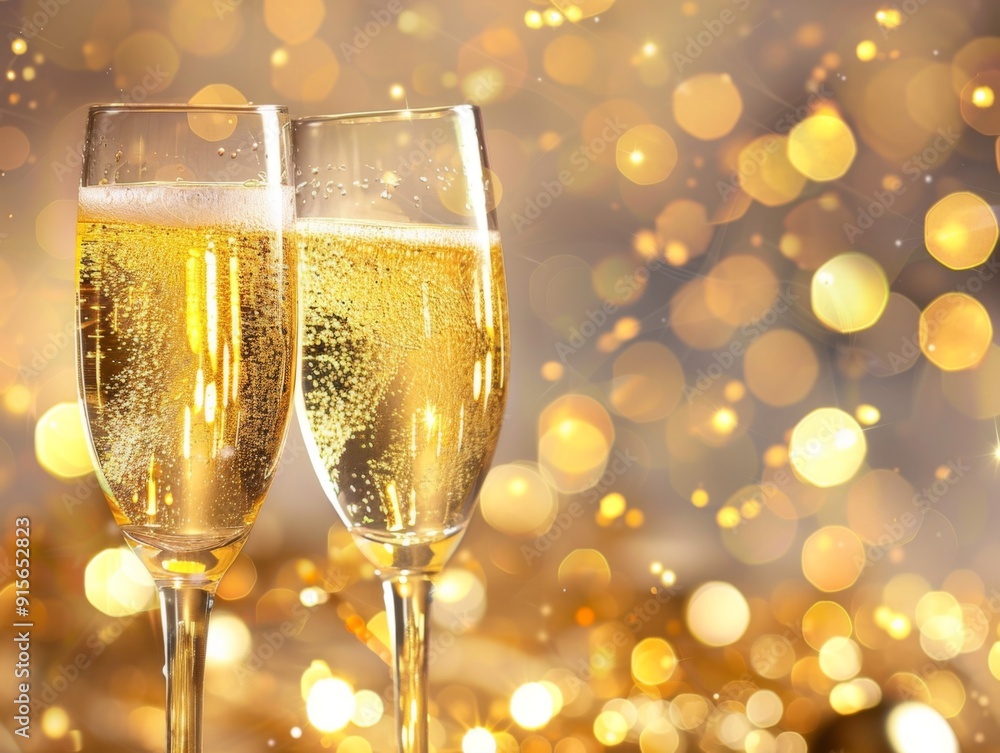 Two Champagne Flutes Against a Sparkling Golden Background Two Champagne Flutes Against a Sparkling Golden Background
