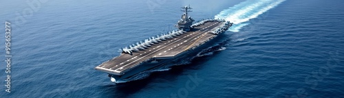 Aircraft carrier cruising on blue ocean waves, maritime force, naval fleet photo