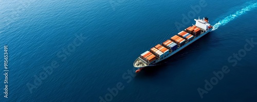 Large container ship navigating calm blue ocean, maritime transport, global shipping © Cheewynn