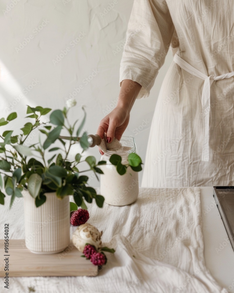Woman Biohacker in Her 30s Preparing a Lions Mane Mushroom Smoothie in Futuristic Kitchen, Daytime, Calming Mood Woman Biohacker in Her 30s Preparing a Lions Mane Mushroom Smoothie in Futuristic Kitchen, Daytime, Calming Mood
