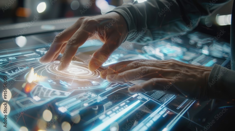 professional using holographic interface for robotic process automation modern office professional using holographic interface for robotic process automation modern office
