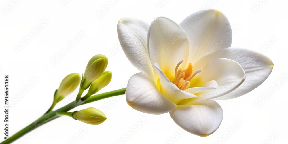 Obraz premium Delicate white freesia flower with yellow center and subtle fragrance isolated on a clean white background, showcasing its elegant beauty and simplicity.