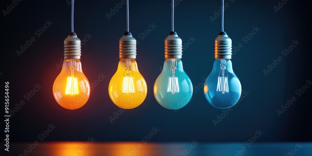 Four Hanging Light Bulbs with Different Colored Glass Four Hanging Light Bulbs with Different Colored Glass