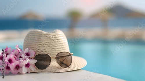 Relaxing Summer Hat and Sunglasses by Poolside on a Sunny Day