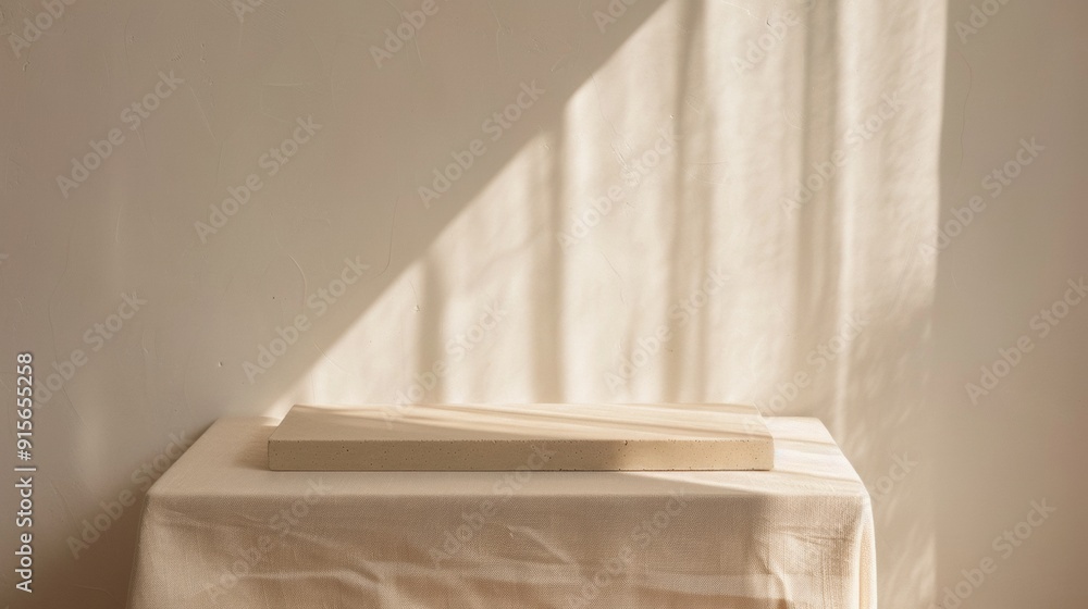 Sunlit Minimalist Still Life of Fabric-Draped Table with Rectangular Object in Daylight Sunlit Minimalist Still Life of Fabric-Draped Table with Rectangular Object in Daylight