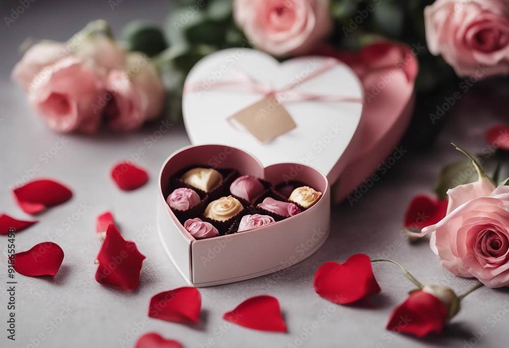 Luxury valentine chocolates in heart shaped gift box and tender roses copy space Luxury valentine chocolates in heart shaped gift box and tender roses copy space