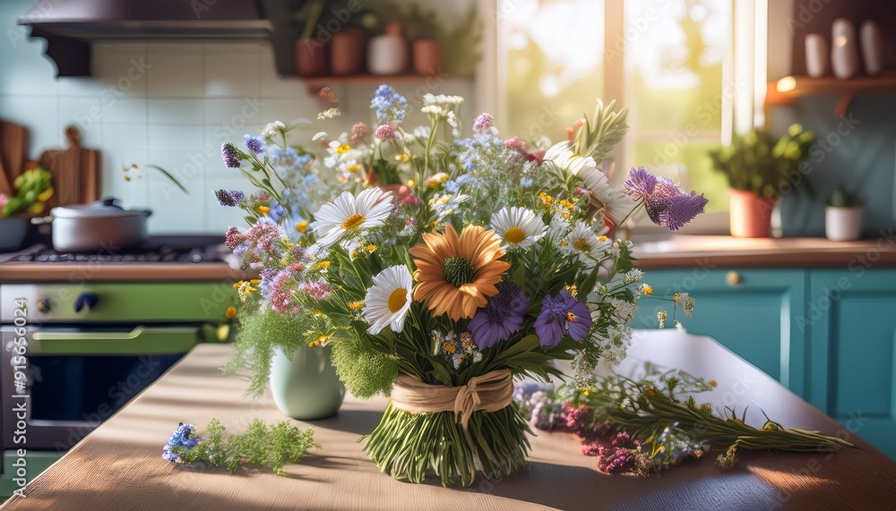 Fototapeta premium A vibrant bouquet of wildflowers graces a modern kitchen, adding a burst of natural beauty. Surrounded by delicious fruits, it’s a perfect, thoughtful gift that brightens any home and warms the heart.