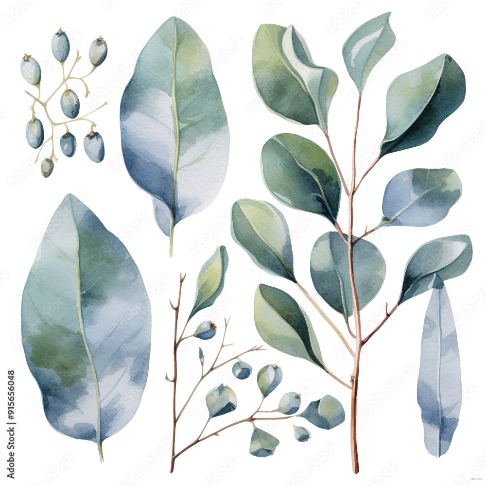 Obraz premium Watercolor illustration of eucalyptus leaves and berries.