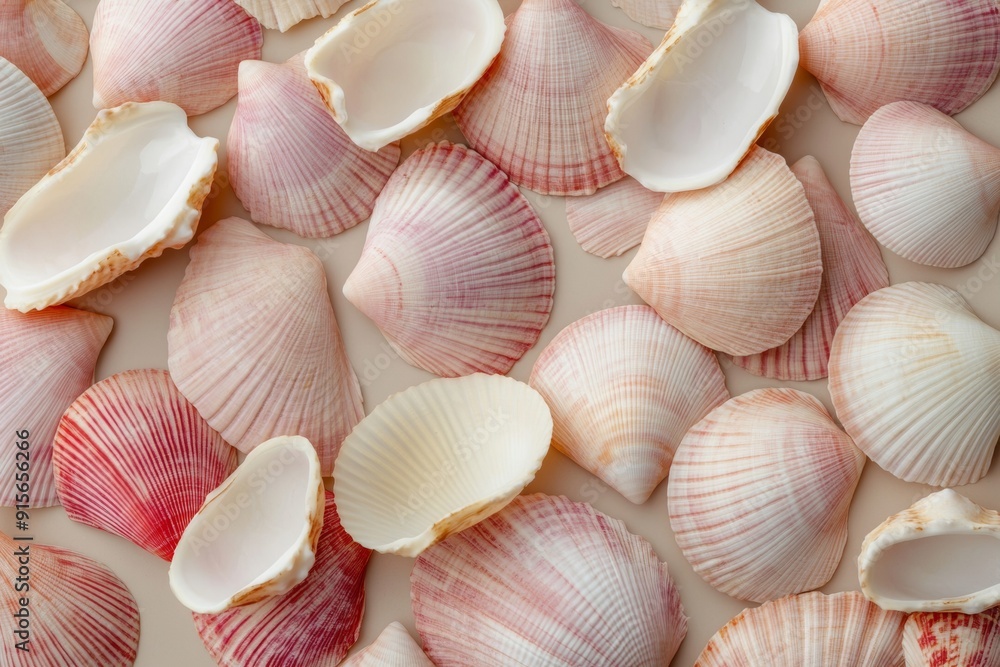 Aerial View of Symmetrical Pastel Pink Seashells Pattern – Intricately Geometric and Textured Background in Soft Natural Lighting Aerial View of Symmetrical Pastel Pink Seashells Pattern – Intricately Geometric and Textured Background in Soft Natural Lighting