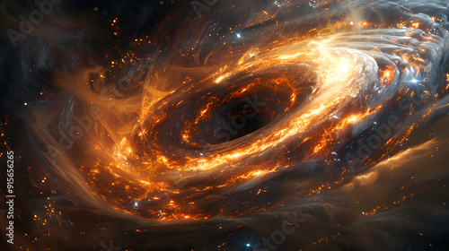 An enormous black hole, with a swirling disk. digital art illustration.