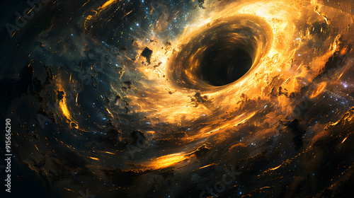 An enormous black hole, with a swirling disk. digital art illustration.