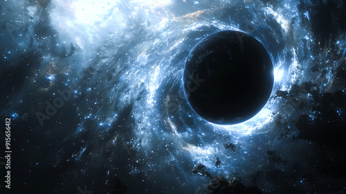 An enormous black hole, with a swirling disk. digital art illustration.