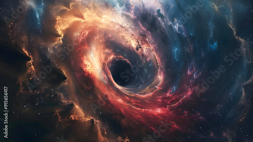 An enormous black hole, with a swirling disk. digital art illustration.