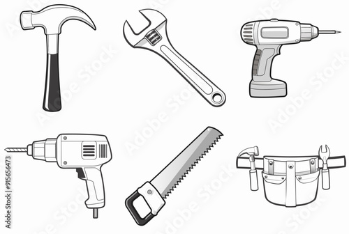 Tools and Equipment. Hammer, Wrench and Screwdriver, Drill and Saw, Toolbelt. Png Vector set isolated on transparent background
