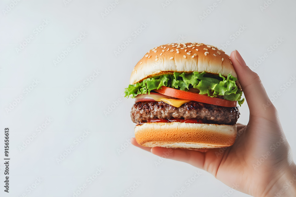 Woman's Hand holding a hamburger isolated on white background Woman's Hand holding a hamburger isolated on white background