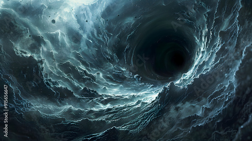 An enormous black hole, with a swirling disk. digital art illustration.