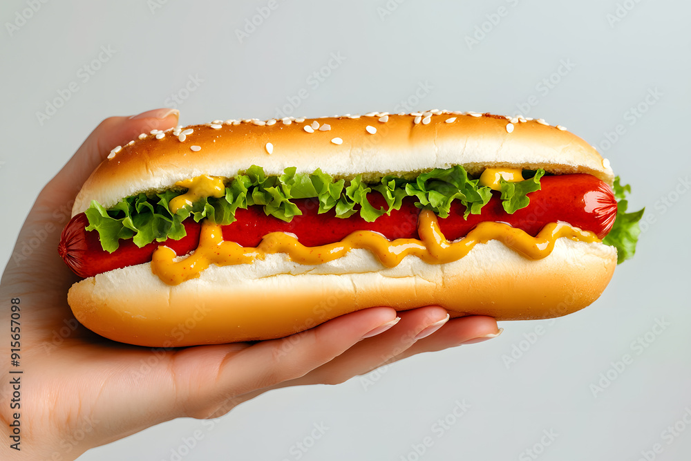 A hand holding a hotdog with ketchup and mustard isolated on a white background A hand holding a hotdog with ketchup and mustard isolated on a white background