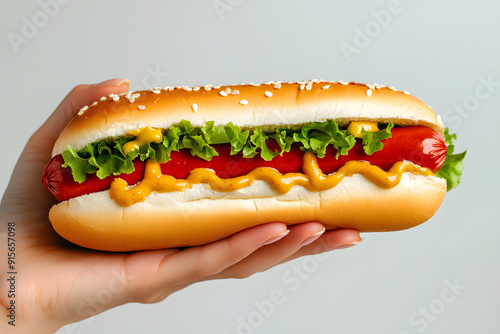 A hand holding a hotdog with ketchup and mustard isolated on a white background