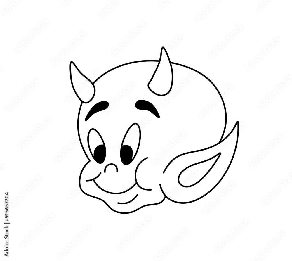 Vector isolated cute cartoon smiling devil imp head face portrait colorless black and white contour line easy drawing Vector isolated cute cartoon smiling devil imp head face portrait colorless black and white contour line easy drawing