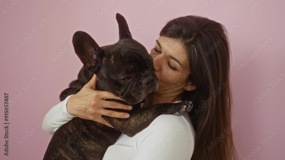 A young hispanic woman lovingly holds and kisses her french bulldog against a pink background, demonstrating their close bond. A young hispanic woman lovingly holds and kisses her french bulldog against a pink background, demonstrating their close bond.