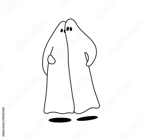 Vector isolated two pair couple ghost hug colorless black and white contour line easy drawing