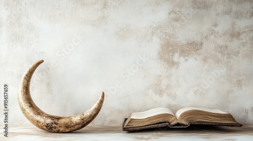 Minimalist Yom Kippur Still Life Shofar and Prayer Book on a Table Against a Pastel Wall with Soft Light photo