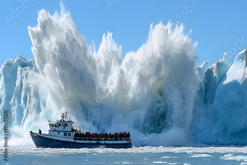 Touristenboot in Gefahr durch kalbenden Gletscher